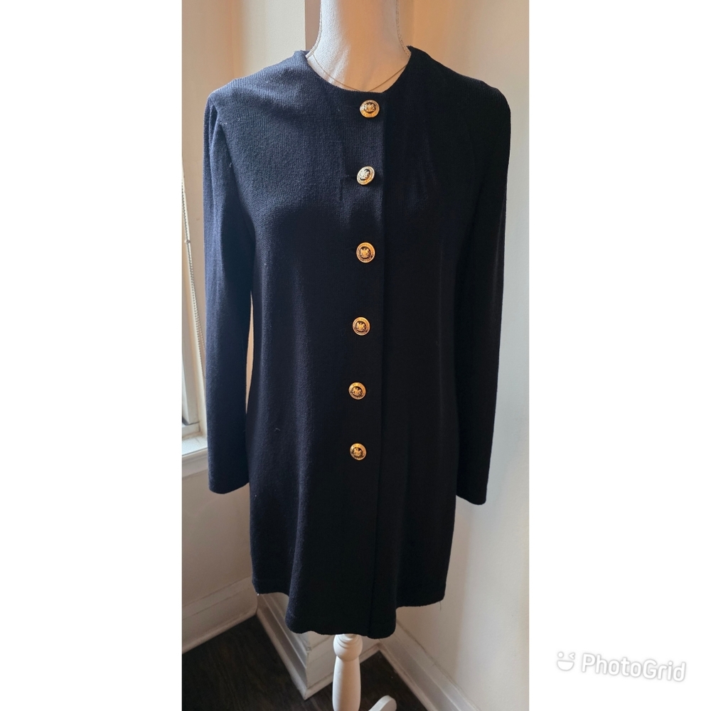 St. John Black Knit Jacket with Gold Emblem Button SIZE M